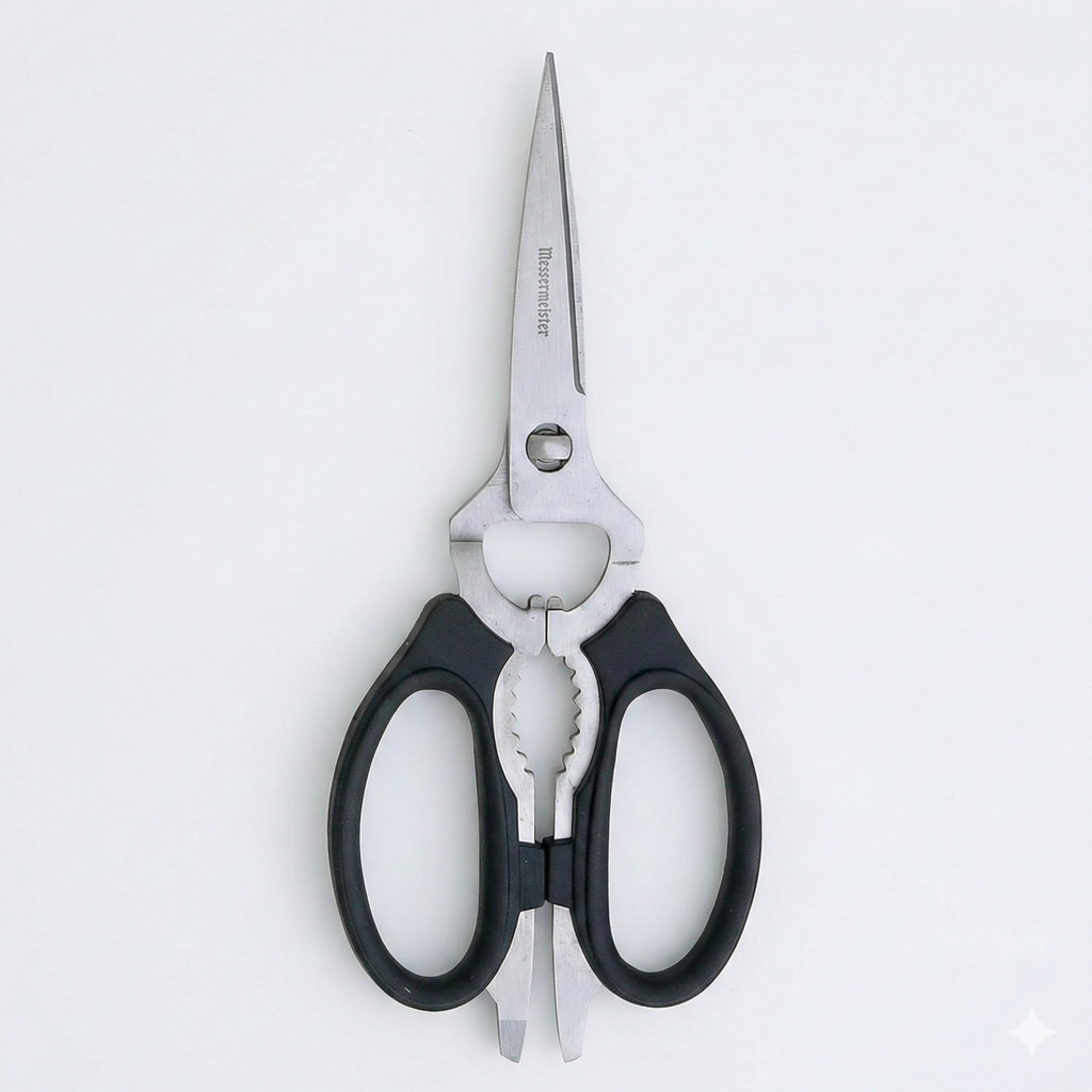 Messermeister 8-Inch Take-Apart Kitchen Scissors, Black - Includes Screwdriver, Nut Cracker, Jar Lid Opener/Gripper, Bottle Opener & Bone + Twig Cutter - Suitable for Lefties & Righties