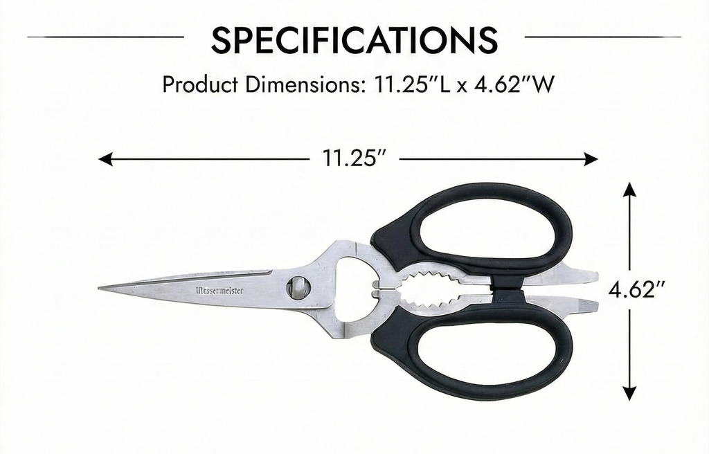 Messermeister 8-Inch Take-Apart Kitchen Scissors, Black - Includes Screwdriver, Nut Cracker, Jar Lid Opener/Gripper, Bottle Opener & Bone + Twig Cutter - Suitable for Lefties & Righties
