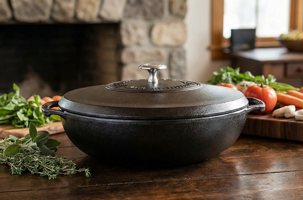 Lodge Blacklock 17 Triple Seasoned Cast Iron Braiser with Lid - Dutch Oven with Nonstick Finish - Lightweight Cast Iron Braiser - Dutch Oven Cookware - Cooking Pot with High-Heat Aluminum Knob