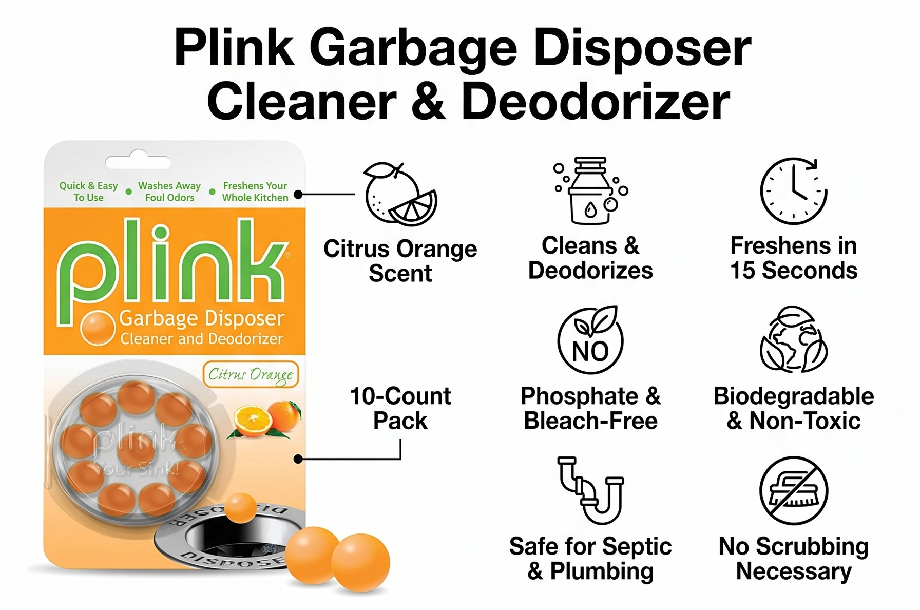 Plink garbage disposer deodorizer 10-Count, Citrus Orange