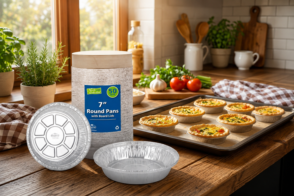 Nicole Home Collection Aluminum Pans 7” Round Disposable Foil Pans With Lids (50 Pack) – 7 Inch Round Disposable Takeout Pans With Board Lids (7" Inch Round)
