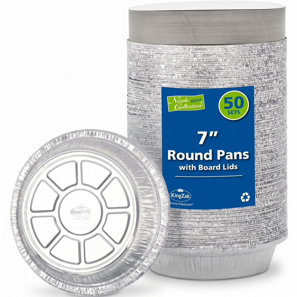 Nicole Home Collection Aluminum Pans 7” Round Disposable Foil Pans With Lids (50 Pack) – 7 Inch Round Disposable Takeout Pans With Board Lids (7" Inch Round)