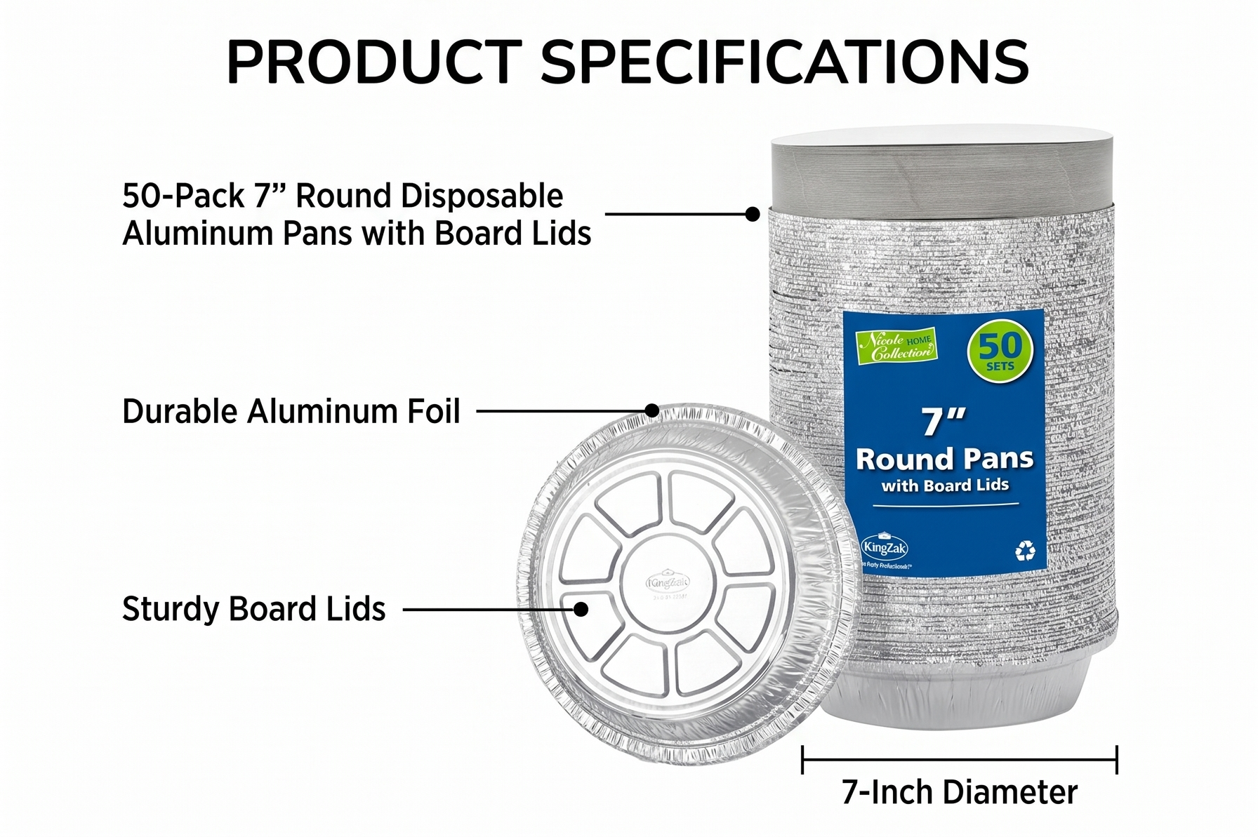 Nicole Home Collection Aluminum Pans 7” Round Disposable Foil Pans With Lids (50 Pack) – 7 Inch Round Disposable Takeout Pans With Board Lids (7" Inch Round)
