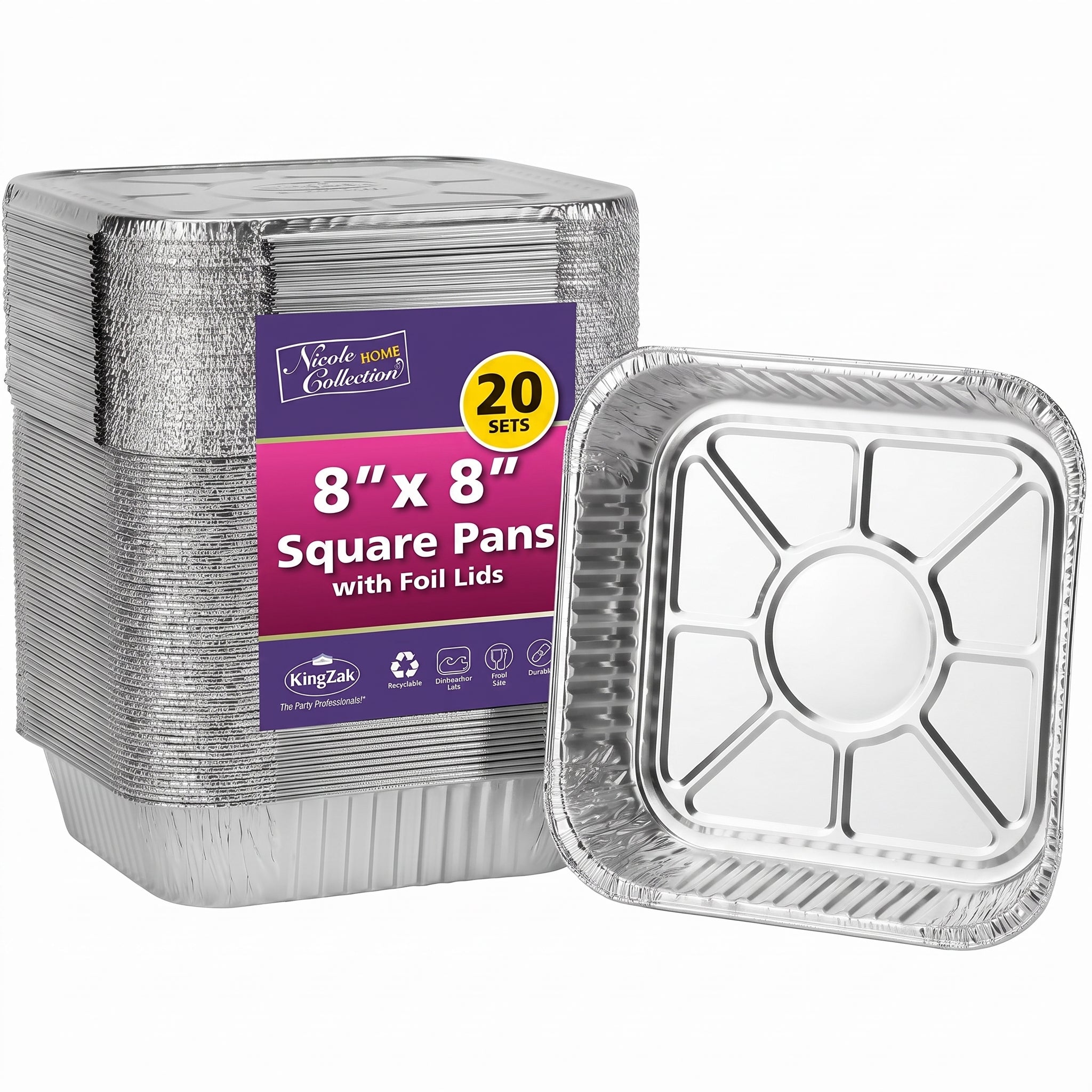 8x8 Aluminum Pans With Lids (20 Pack) 8 Inch Foil Pans With Covers - Cake Pans - Aluminum Square Pans With Lids - Disposable Food container - great For Cake Baking, Cooking, Freezing, Prepping Food