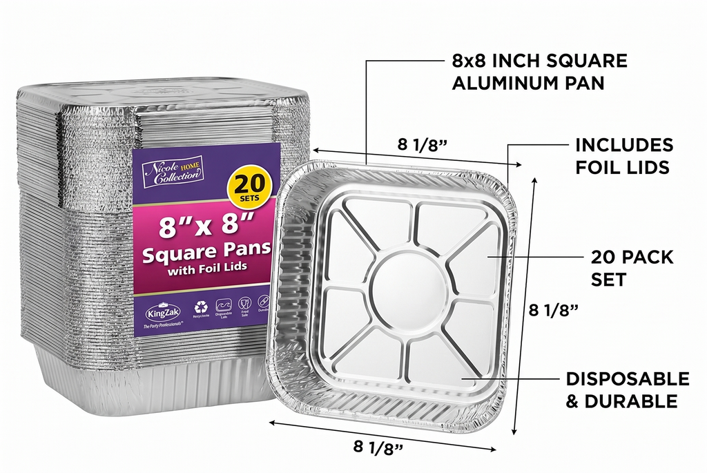 8x8 Aluminum Pans With Lids (20 Pack) 8 Inch Foil Pans With Covers - Cake Pans - Aluminum Square Pans With Lids - Disposable Food container - great For Cake Baking, Cooking, Freezing, Prepping Food