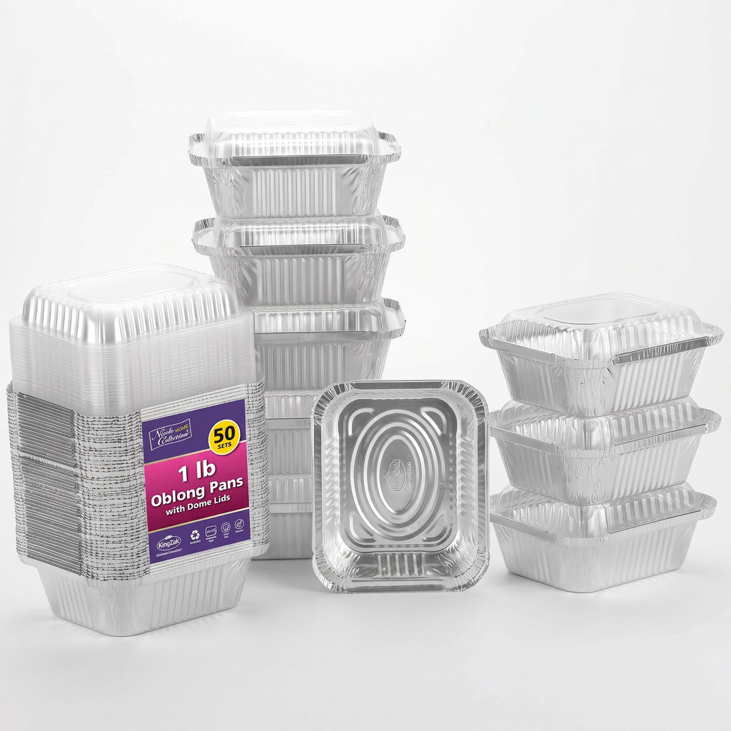 Aluminum Pans With Plastic Dome Lids - 50 Count - 1LB Oblong Pans (5"x4")- To Go Containers With Lids - Disposable Tin Foil Pans - Perfect For Catering, Meal Prep, Baking, Freezer Safe