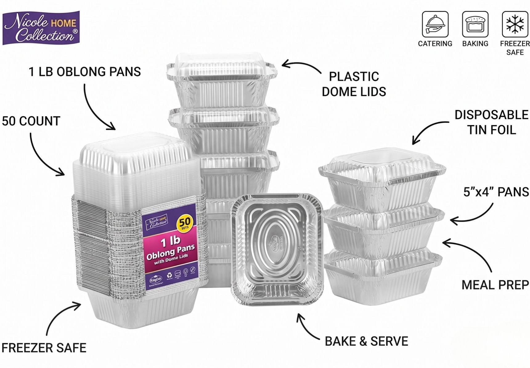 Aluminum Pans With Plastic Dome Lids - 50 Count - 1LB Oblong Pans (5"x4")- To Go Containers With Lids - Disposable Tin Foil Pans - Perfect For Catering, Meal Prep, Baking, Freezer Safe