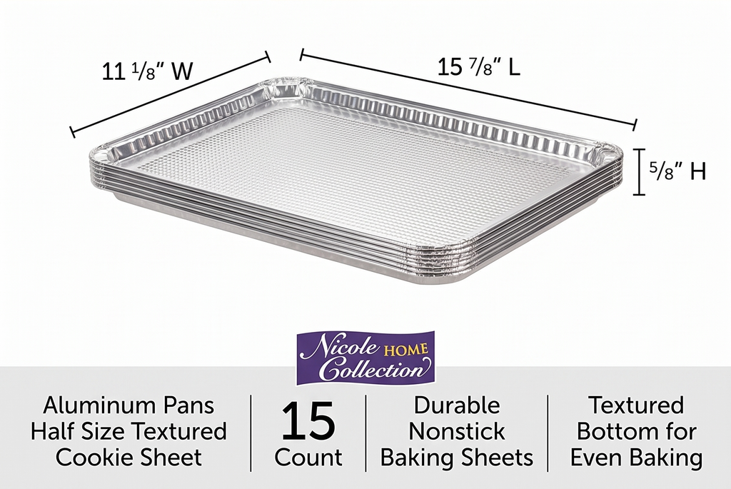 Aluminum Pans Half Size Textured Cookie Sheet 15 Count Durable Nonstick Baking Sheets 15.87" x 11" - Sheet Pan, Baking Tray, Cookie Sheets, Foil pans, Foil trays, Sheet Baking Pans