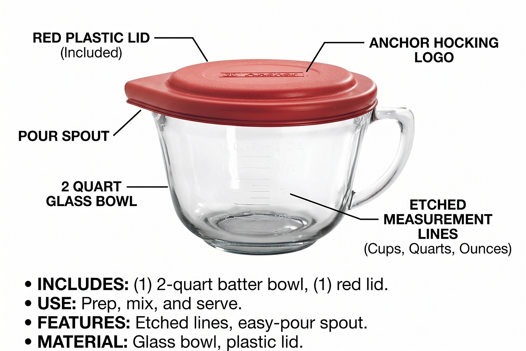 Anchor Hocking Batter Bowl, 2 Quart Glass Mixing Bowl with Red Lid