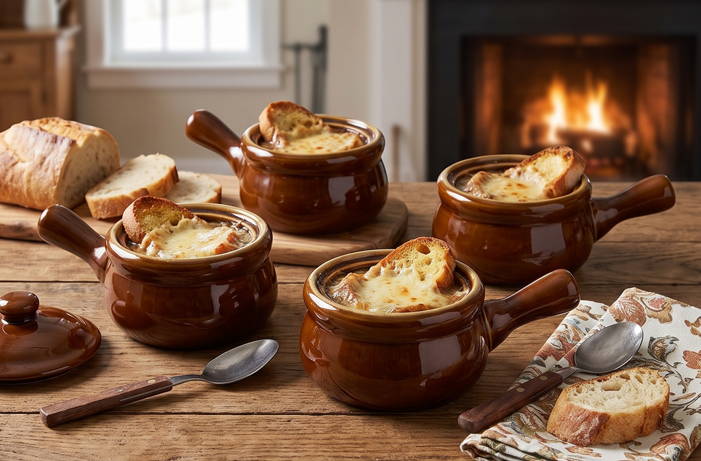 HIC Kitchen French Onion Soup Crocks with Handles and Lids, Ceramic Stoneware, Brown, 14-Ounce, Set of 4