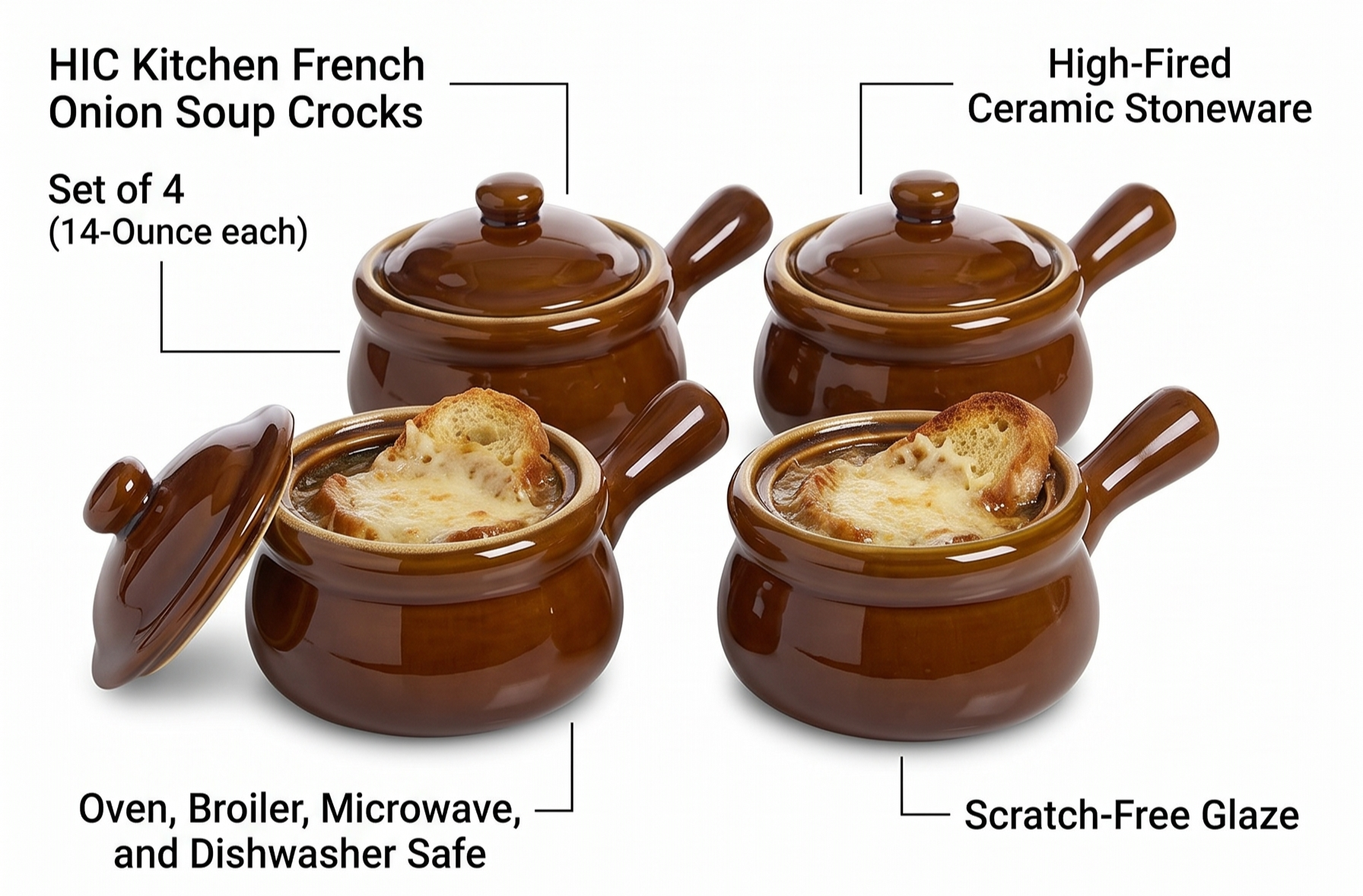 HIC Kitchen French Onion Soup Crocks with Handles and Lids, Ceramic Stoneware, Brown, 14-Ounce, Set of 4