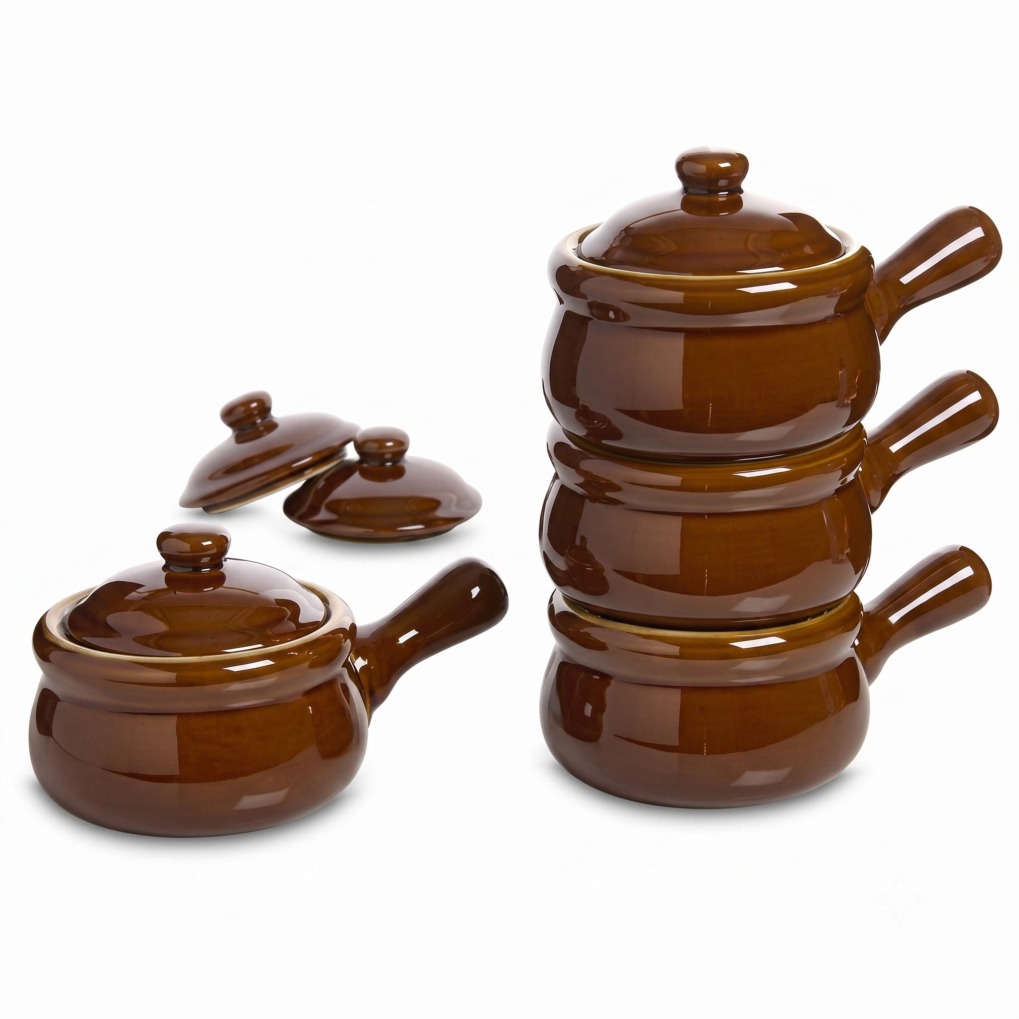 HIC Kitchen French Onion Soup Crocks with Handles and Lids, Ceramic Stoneware, Brown, 14-Ounce, Set of 4