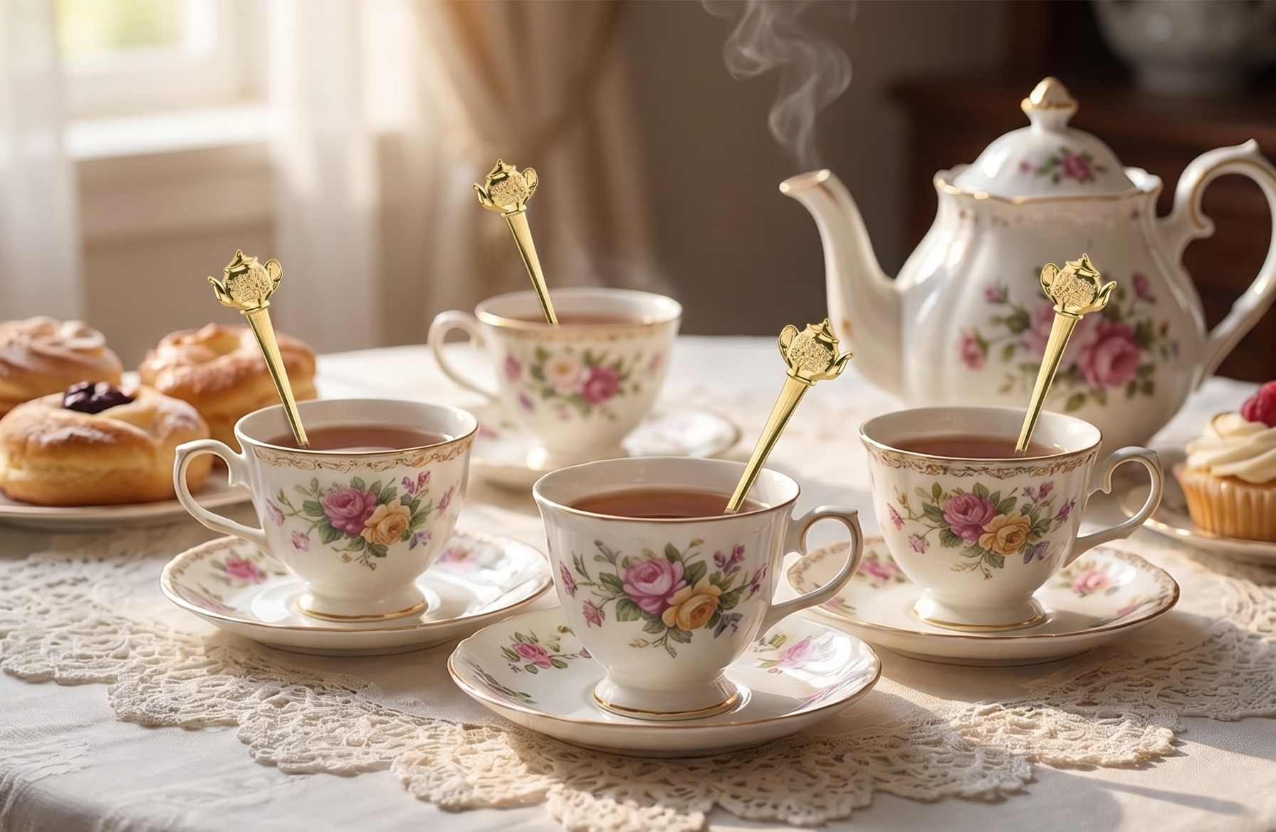 Fino Demi Spoon, Gold-Plated Stainless Steel, Teapot Design, For Everyday Coffee, Desserts, Entertaining, and Holiday Dining, Set Of 4