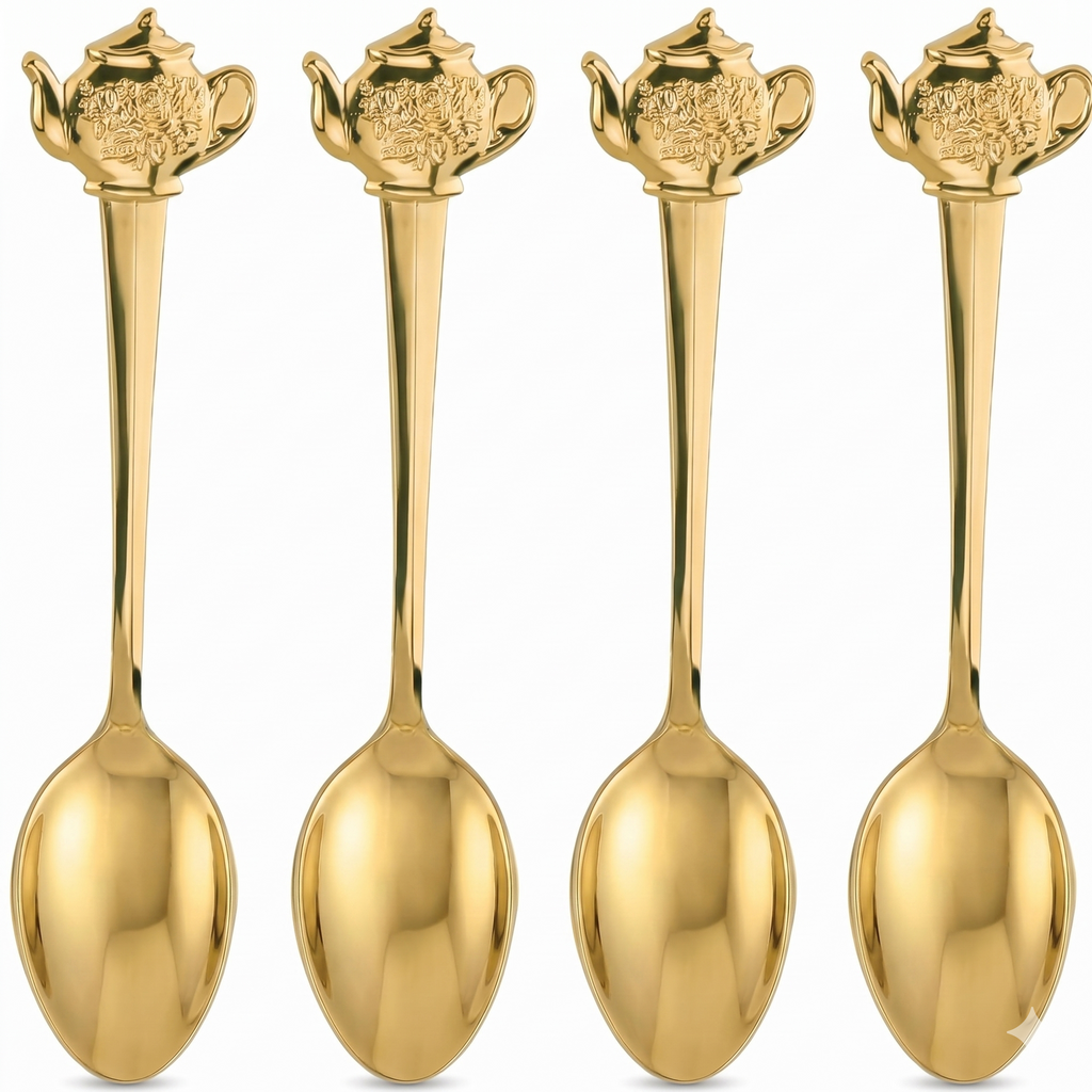 Fino Demi Spoon, Gold-Plated Stainless Steel, Teapot Design, For Everyday Coffee, Desserts, Entertaining, and Holiday Dining, Set Of 4