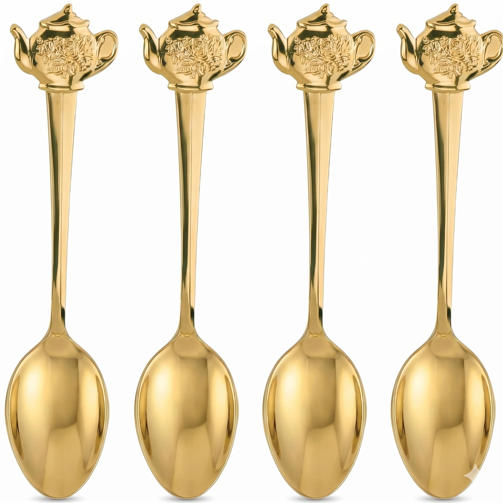 Fino Demi Spoon, Gold-Plated Stainless Steel, Teapot Design, For Everyday Coffee, Desserts, Entertaining, and Holiday Dining, Set Of 4