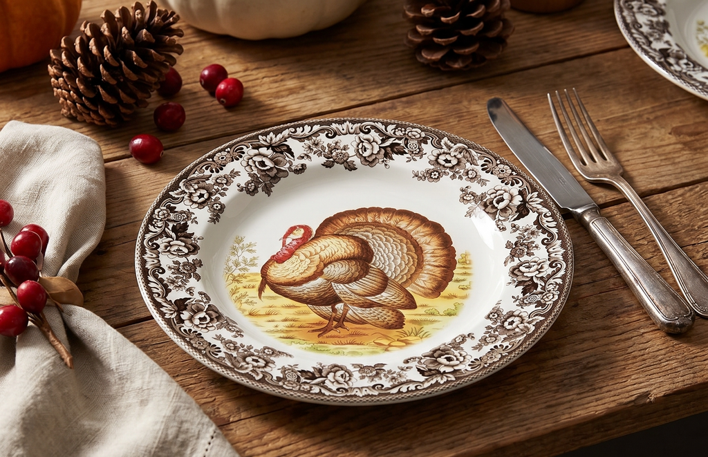 Spode Woodland Turkey Salad Plate - Traditional Wildlife Design, Thanksgiving Appetizer or Dessert Dish with 8 Inch Diameter, Fine Earthenware, British Flowers Border - Microwave, Oven, Freezer Safe