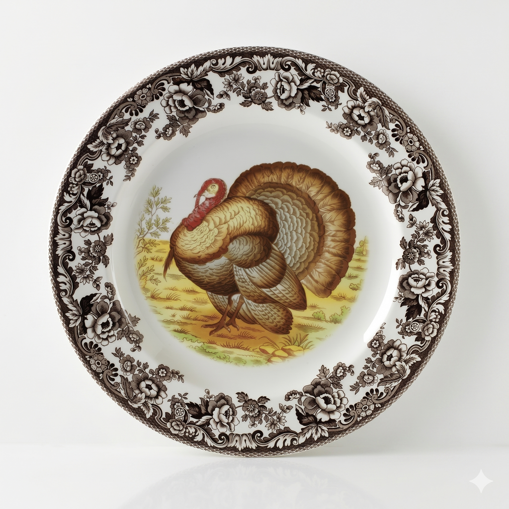 Spode Woodland Turkey Salad Plate - Traditional Wildlife Design, Thanksgiving Appetizer or Dessert Dish with 8 Inch Diameter, Fine Earthenware, British Flowers Border - Microwave, Oven, Freezer Safe