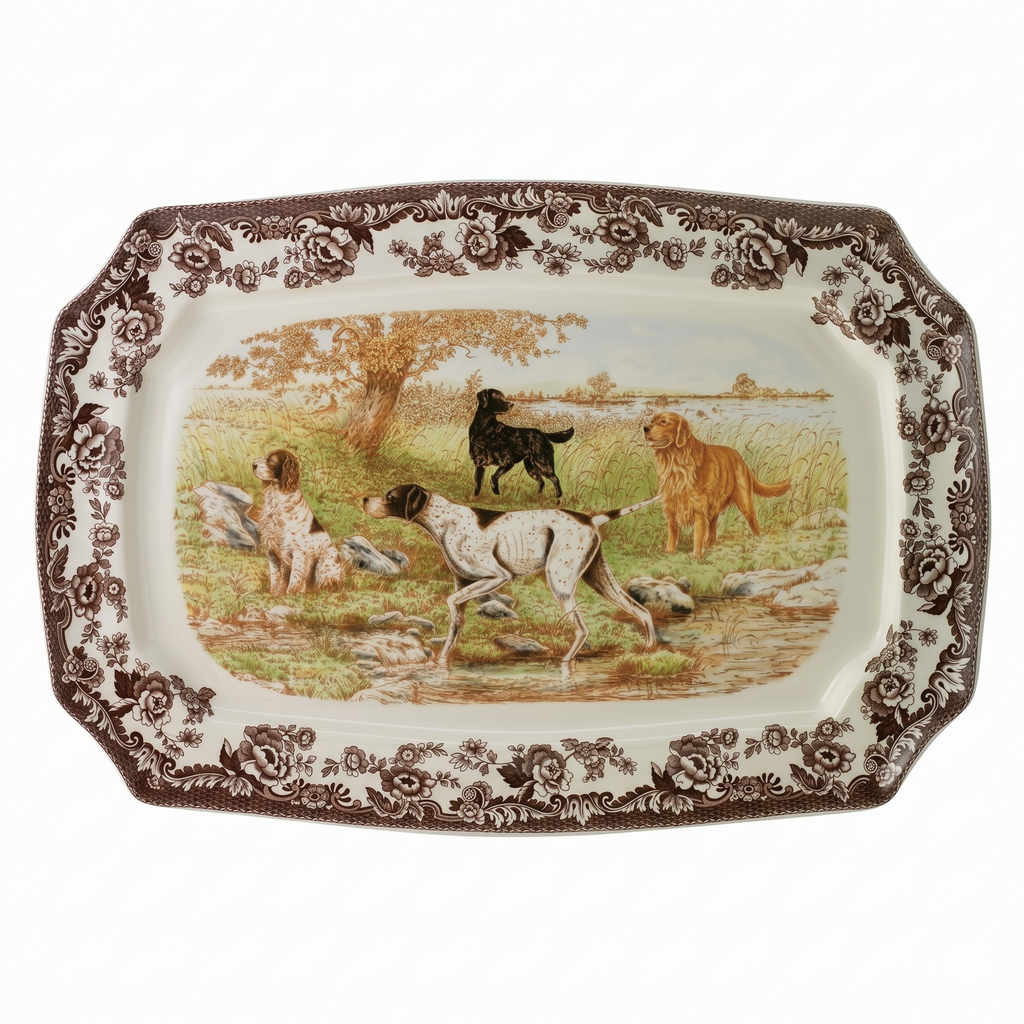 Spode Woodland Hunting Dogs 17.5" Rectangular Platter - Fine Porcelain, Dishwasher & Microwave Safe, Warm Oven to 225°F, Large Holiday Serving Dish with Retriever & Spaniel Designs
