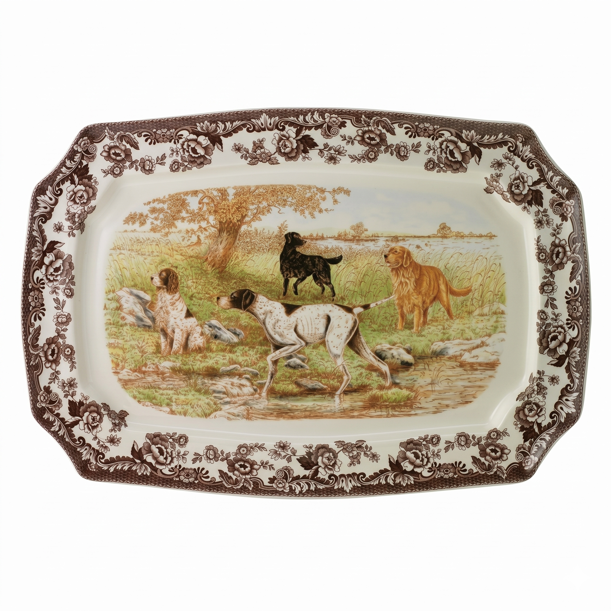 Spode Woodland Hunting Dogs 17.5" Rectangular Platter - Fine Porcelain, Dishwasher & Microwave Safe, Warm Oven to 225°F, Large Holiday Serving Dish with Retriever & Spaniel Designs
