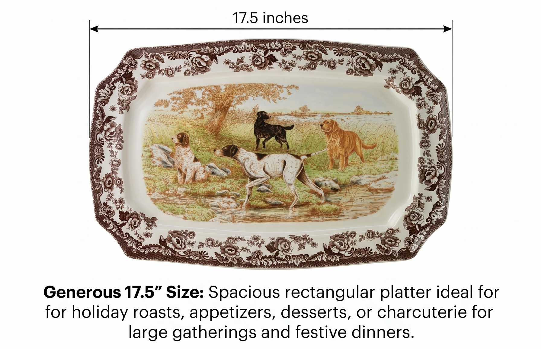 Spode Woodland Hunting Dogs 17.5" Rectangular Platter - Fine Porcelain, Dishwasher & Microwave Safe, Warm Oven to 225°F, Large Holiday Serving Dish with Retriever & Spaniel Designs