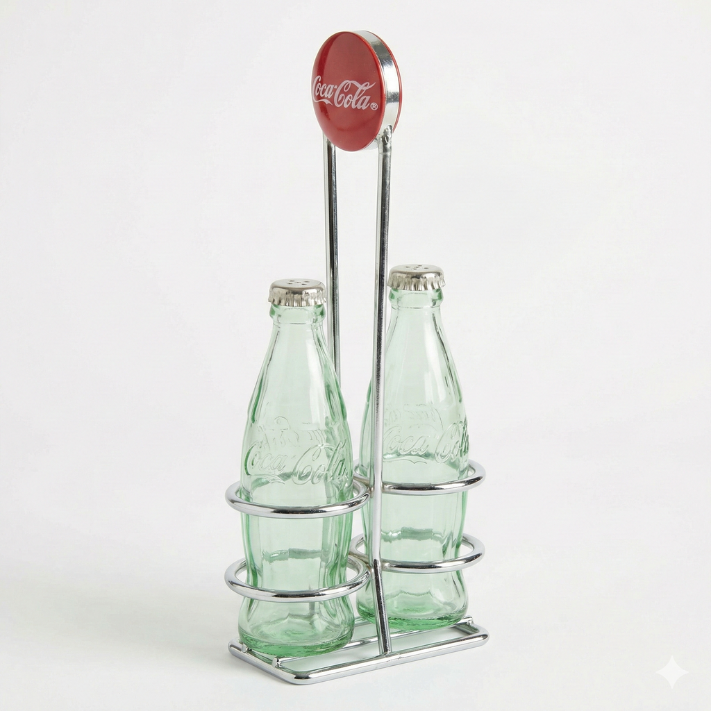 TableCraft Coca-Cola Salt and Pepper Shaker Set with Chrome Plated Metal Rack, Coca-Cola Salt and Pepper Shaker Set