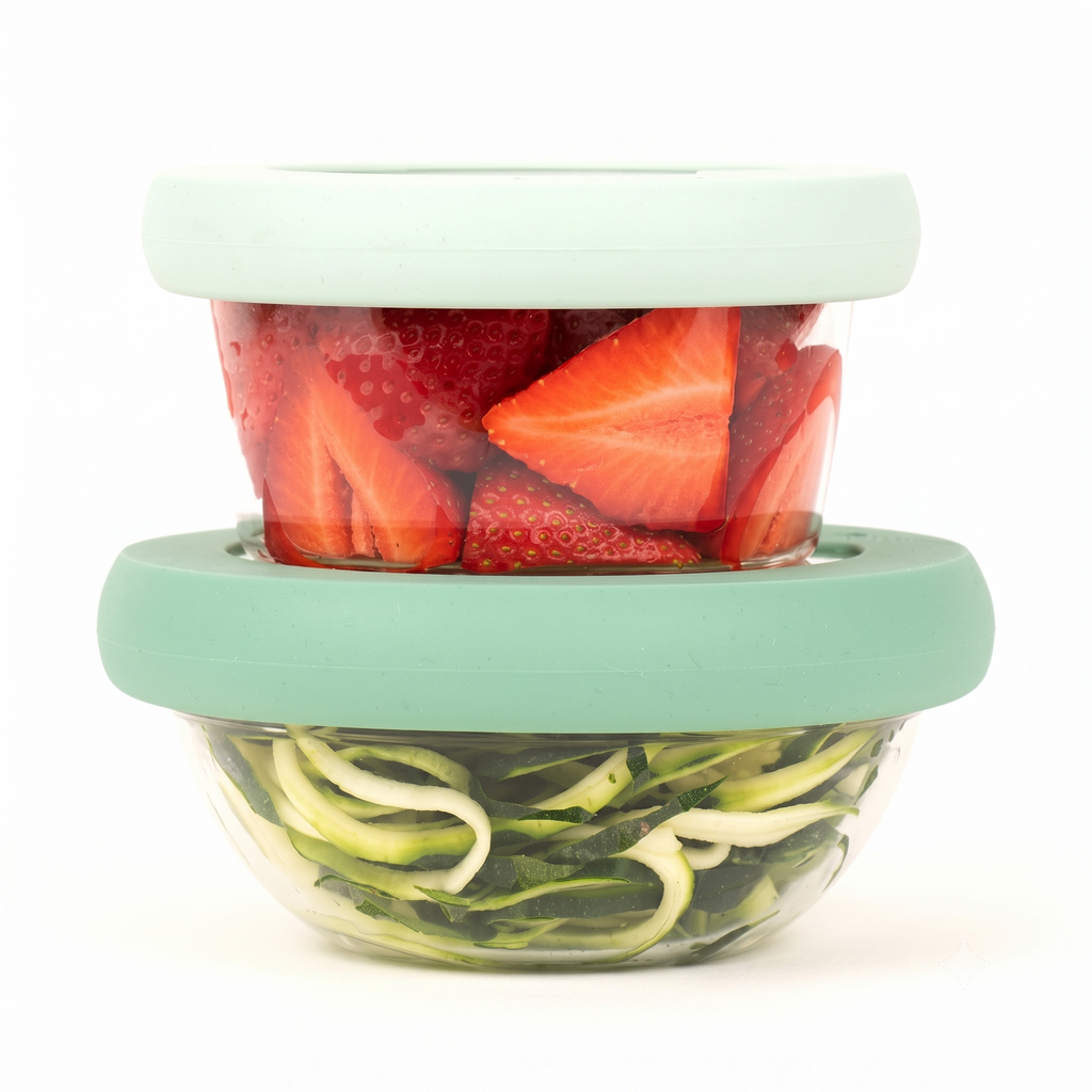Food Huggers Replacement Lids for Glass Storage Containers | Silicone & Glass Lids that Don’t Crack | Fits Most Round Container Brands & Bowls | 100% Plastic Free | 2 Lid Set (S,M), Gradual Green