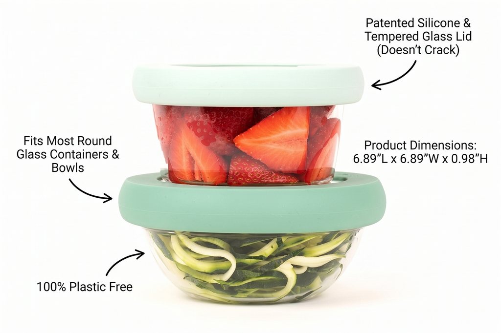 Food Huggers Replacement Lids for Glass Storage Containers | Silicone & Glass Lids that Don’t Crack | Fits Most Round Container Brands & Bowls | 100% Plastic Free | 2 Lid Set (S,M), Gradual Green