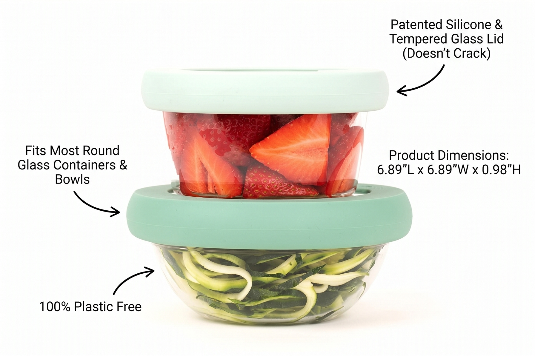 Food Huggers Replacement Lids for Glass Storage Containers | Silicone & Glass Lids that Don’t Crack | Fits Most Round Container Brands & Bowls | 100% Plastic Free | 2 Lid Set (S,M), Gradual Green