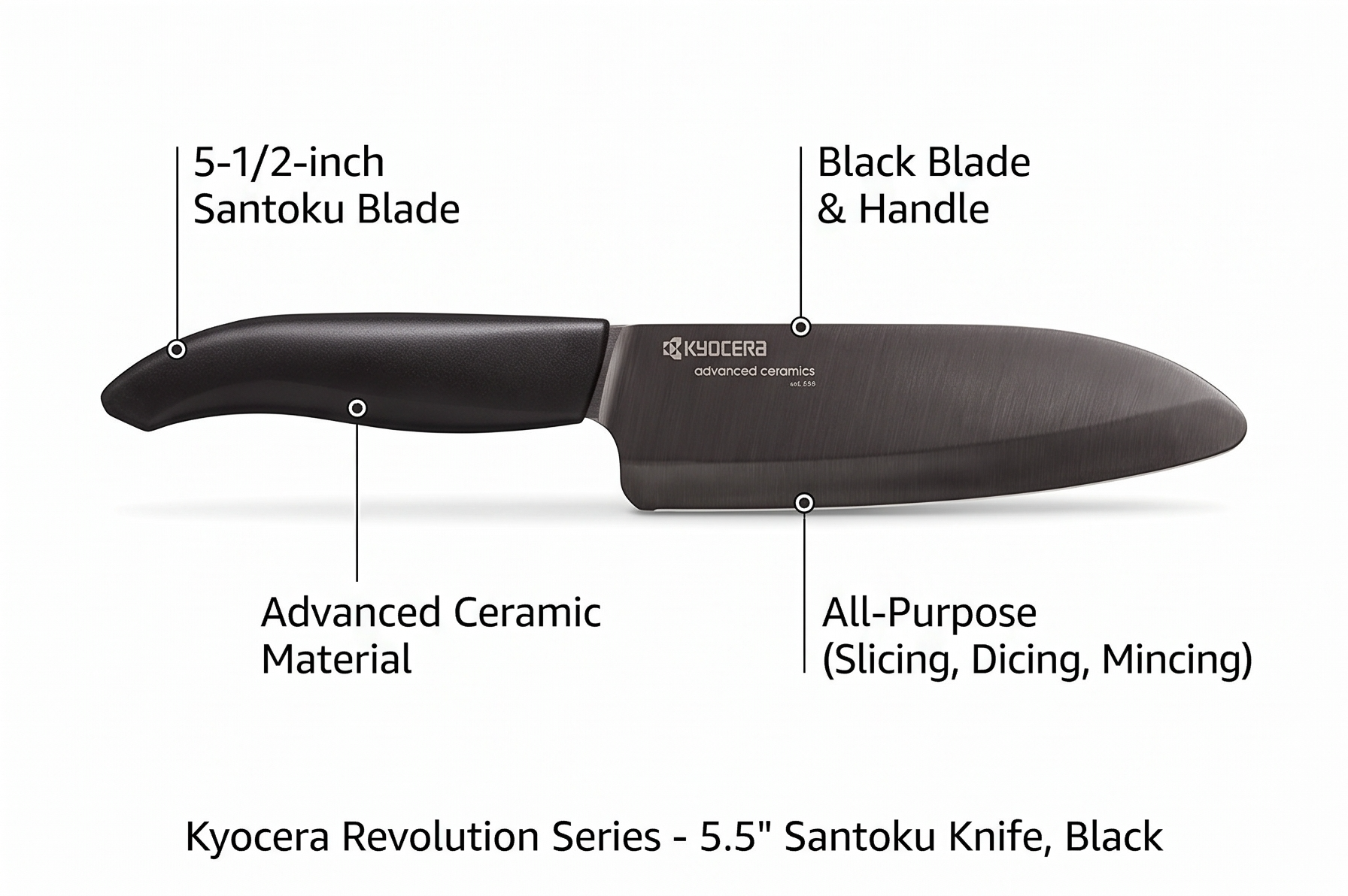 Kyocera Advanced Ceramic Revolution Series 5-1/2-inch Santoku Knife, Black Blade