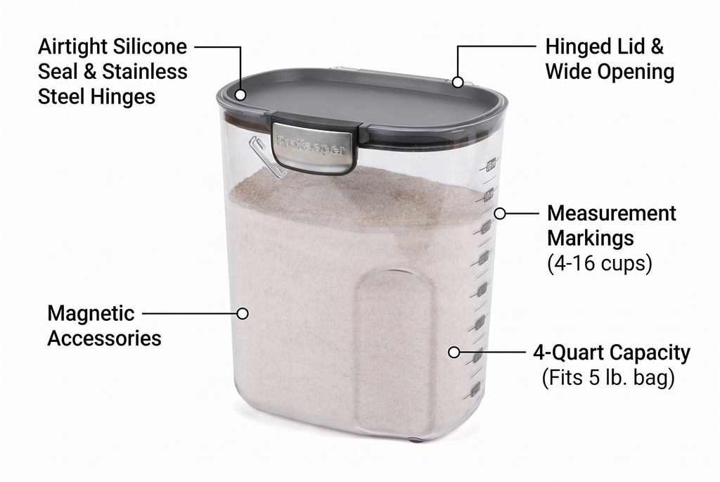 ProKeeper+ by Progressive International Clear Plastic Airtight Food Baker's Kitchen Storage Organization Container Canister Set with Magnetic Accessories (Flour 4-Quart)