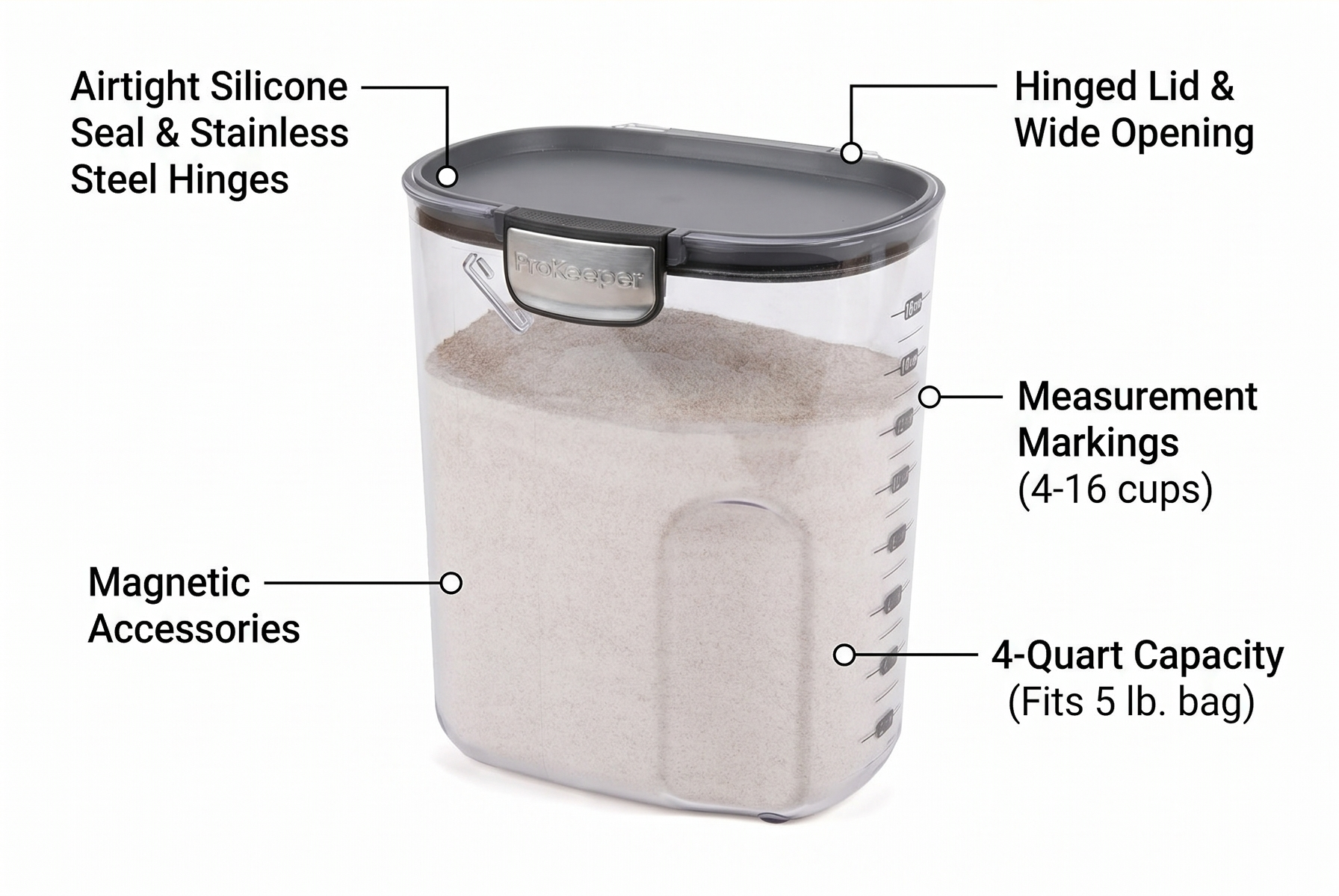 ProKeeper+ by Progressive International Clear Plastic Airtight Food Baker's Kitchen Storage Organization Container Canister Set with Magnetic Accessories (Flour 4-Quart)