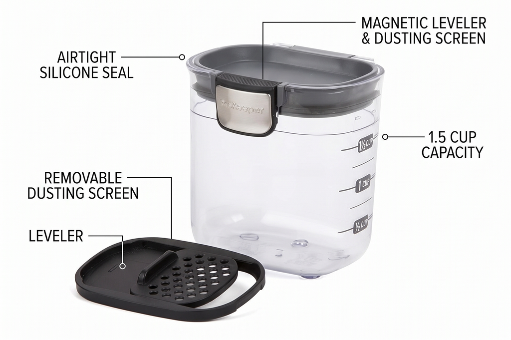 ProKeeper+ by Progressive International Clear Plastic Airtight Food Baker's Kitchen Storage Organization Container Canister Set with Magnetic Accessories (Mini 1.5-Cup)