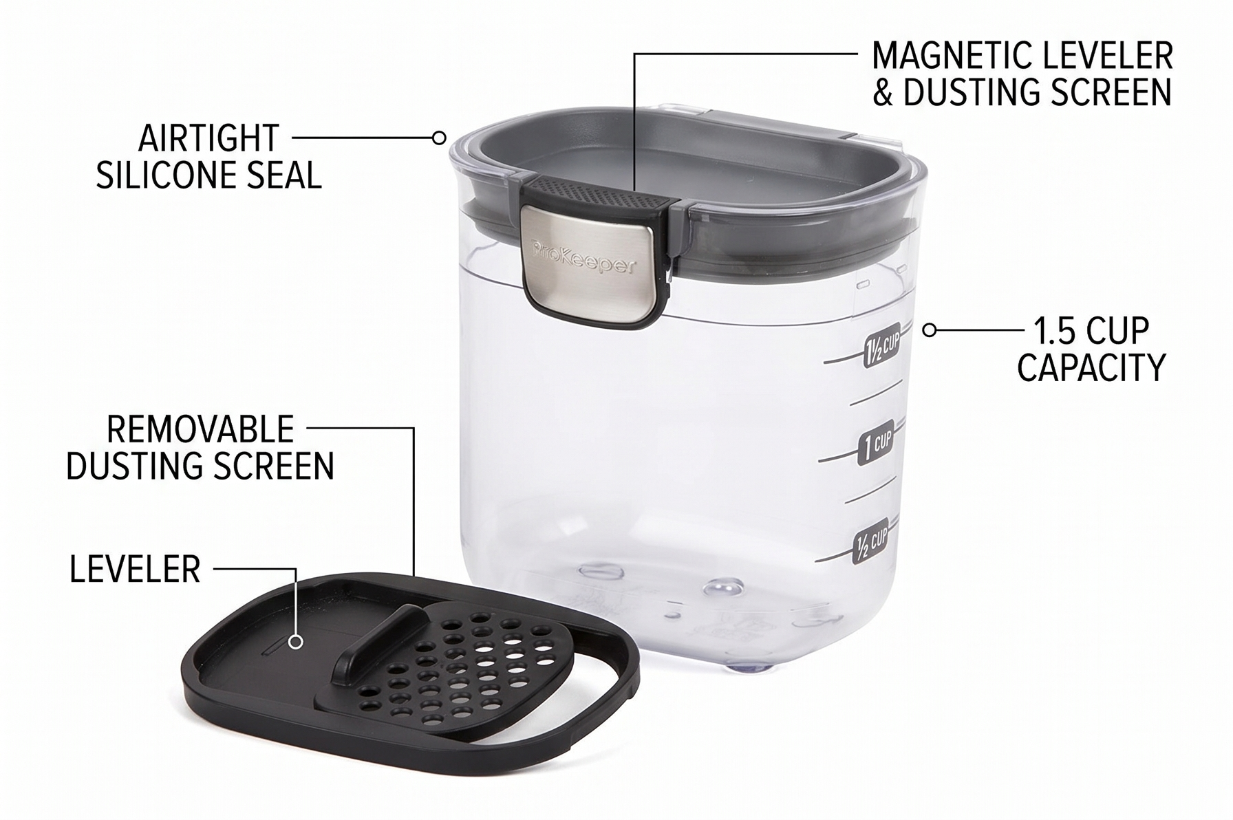 ProKeeper+ by Progressive International Clear Plastic Airtight Food Baker's Kitchen Storage Organization Container Canister Set with Magnetic Accessories (Mini 1.5-Cup)
