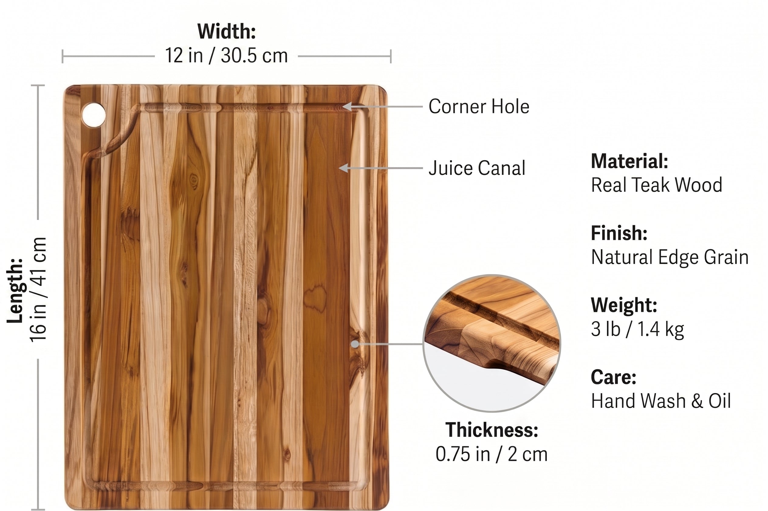 Teakhaus Teak Cutting Board - Rectangle Edge Grain Board With Corner Hole And Juice Canal (16 x 12 x .5 in.)