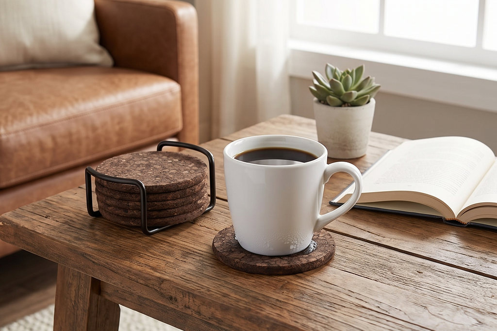 Thirstystone Set of 6 Thick Dark Cork Coasters in Attractive Black Coaster Holder 4.7" Round Durable Absorbent Easily Wipes Clean