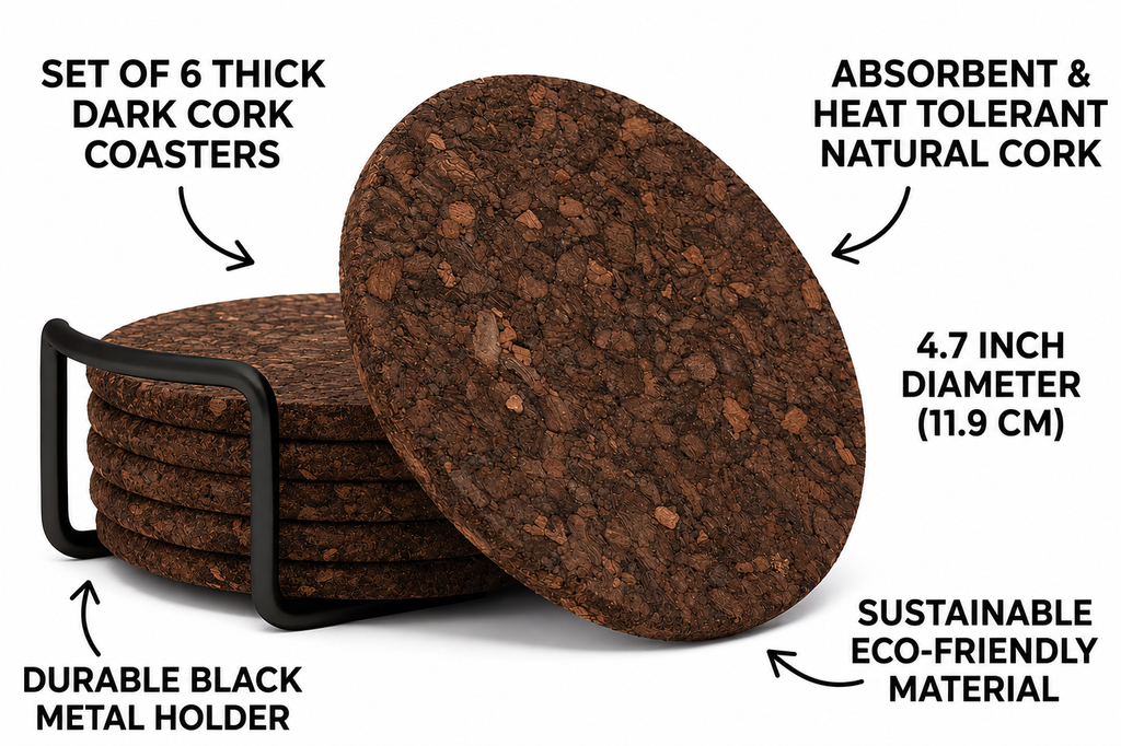Thirstystone Set of 6 Thick Dark Cork Coasters in Attractive Black Coaster Holder 4.7" Round Durable Absorbent Easily Wipes Clean