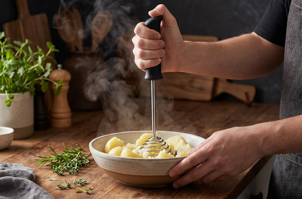 Dreamfarm Smood One-Handed & Ergonomic Soft-Grip, Stainless-Steel Vegetable & Potato Masher with Silicone Bowl Scraper - Black