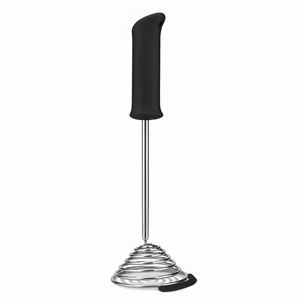Dreamfarm Smood One-Handed & Ergonomic Soft-Grip, Stainless-Steel Vegetable & Potato Masher with Silicone Bowl Scraper - Black