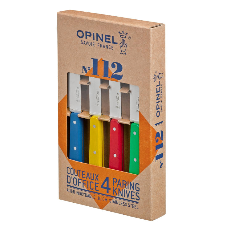 Opinel No. 112 Paring Knives Box Set, 4 Piece Paring Knife Set, High Carbon Steel for Chopping, Peeling, Slicing, Trimming, Painted Hornbeam Handles, Made in France (Classic), One Size, (001233)