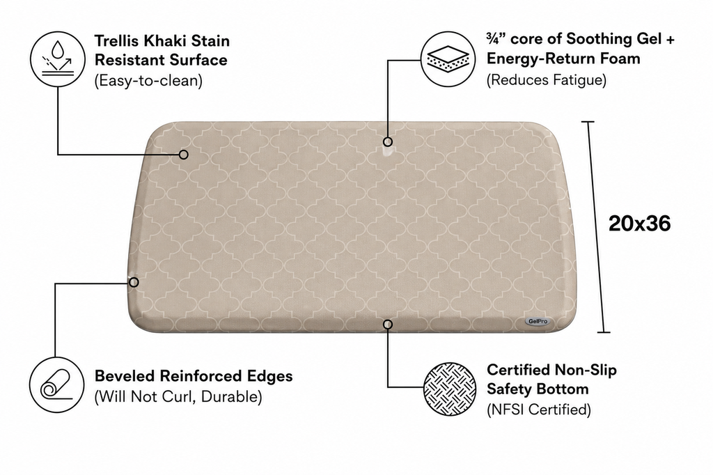 GelPro Elite Premier Anti-Fatigue Kitchen Comfort Floor Mat, 20x36,Trellis Khaki Stain Resistant Surface with Therapeutic Gel and Energy-Return Foam for Health & Wellness