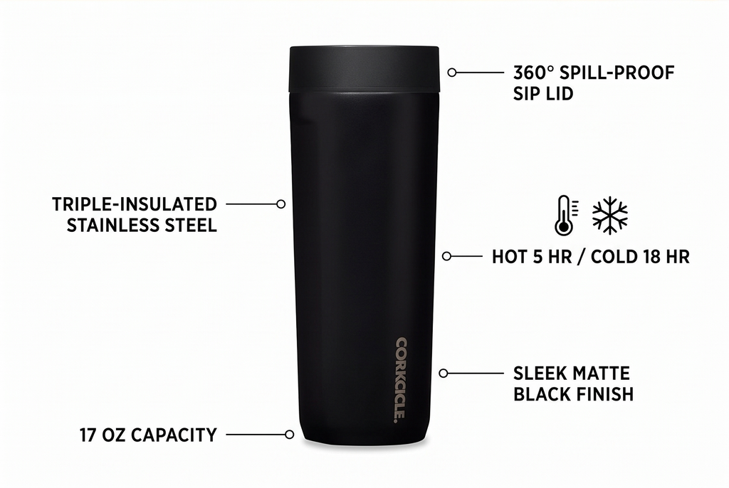 Corkcicle Commuter Cup Travel Mug - Insulated Coffee Mug with Lid - Keeps Drinks Cold 18 Hours - 360° Spill-Proof Sip Lid - Holiday Gift - Great for Gifting Warmth - 17 oz - Matte Black