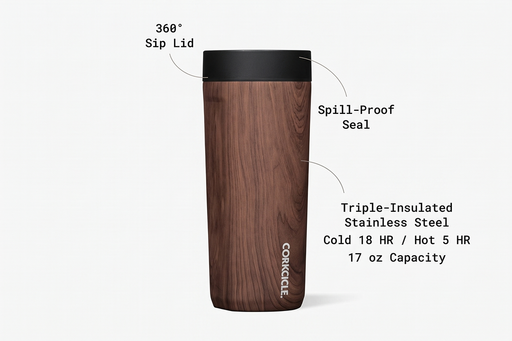 Corkcicle Commuter Cup Travel Mug - Insulated Coffee Mug with Lid - Keeps Drinks Cold 18 Hours - 360° Spill-Proof Sip Lid - Holiday Gift - Great for Gifting Warmth - 17 oz - Walnut World