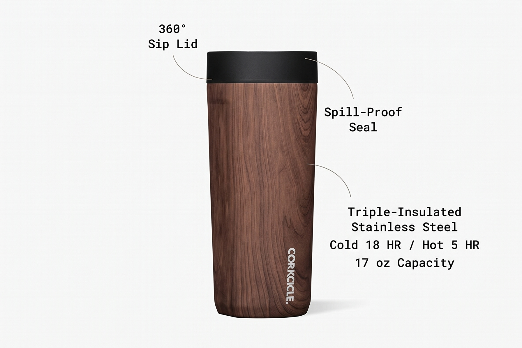 Corkcicle Commuter Cup Travel Mug - Insulated Coffee Mug with Lid - Keeps Drinks Cold 18 Hours - 360° Spill-Proof Sip Lid - Holiday Gift - Great for Gifting Warmth - 17 oz - Walnut World