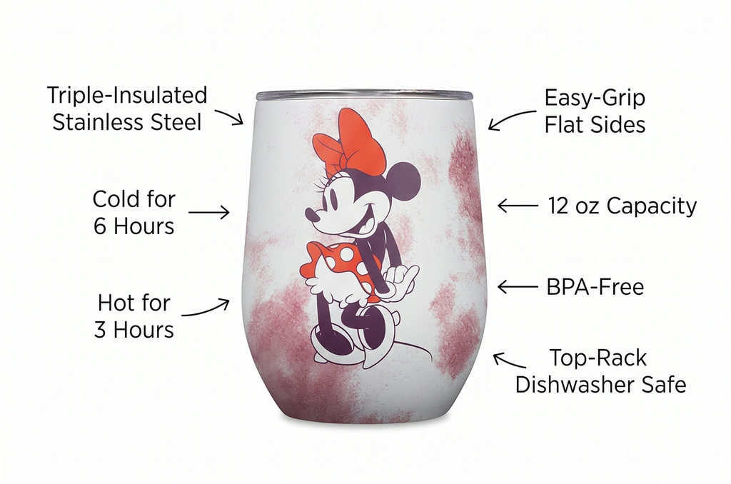 Corkcicle Stemless Insulated Wine Glass Tumbler - Beverages Cold 6 Hours & Hot 3 Hours - Stainless Steel - Easy-Grip - Summer Drinkware Gift - Keeps Drink Ice - 12 oz - Minnie Mouse Tie Dye