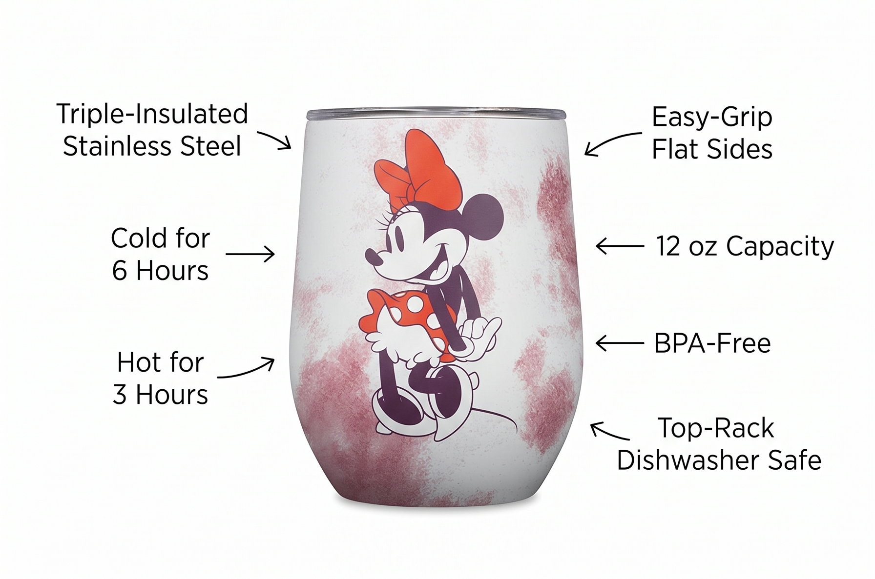 Corkcicle Stemless Insulated Wine Glass Tumbler - Beverages Cold 6 Hours & Hot 3 Hours - Stainless Steel - Easy-Grip - Summer Drinkware Gift - Keeps Drink Ice - 12 oz - Minnie Mouse Tie Dye