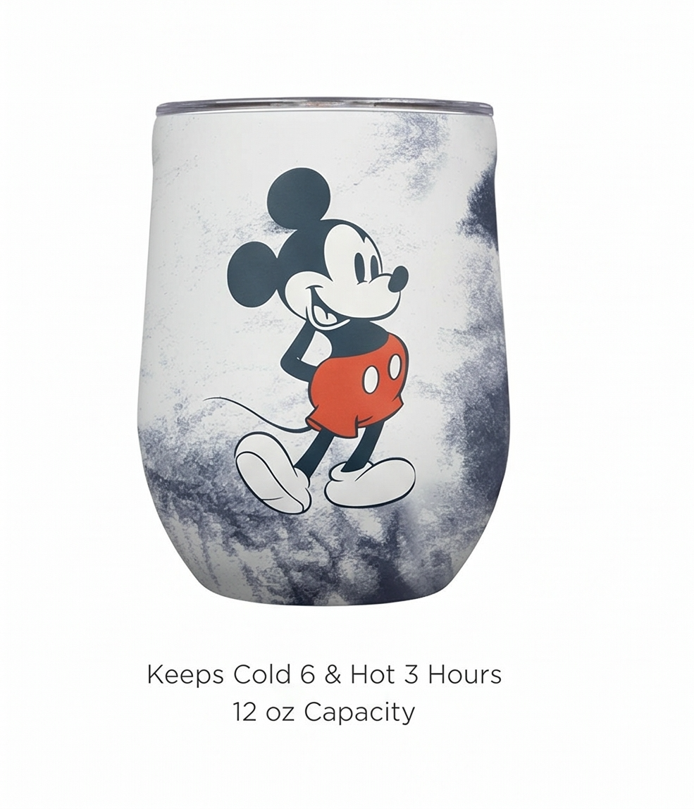 Corkcicle Stemless Insulated Wine Glass Tumbler - Beverages Cold 6 & Hot 3 Hours - Stainless Steel - Easy-Grip - Summer Drinkware Gift - Keeps Drinks Ice - 12 oz - Mickey Tie Dye