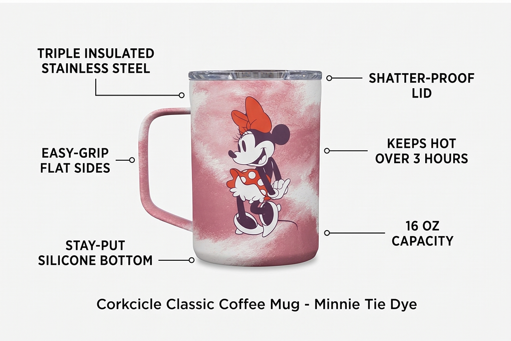 Corkcicle Classic Coffee Mug - Triple Insulated Stainless Steel for Travel - Shatter-Proof Lid - Keeps Drink Hot Over 3 Hours - Holiday Mug Gift - Great for Gifting Warmth - 16 oz - Minnie Tie Dye