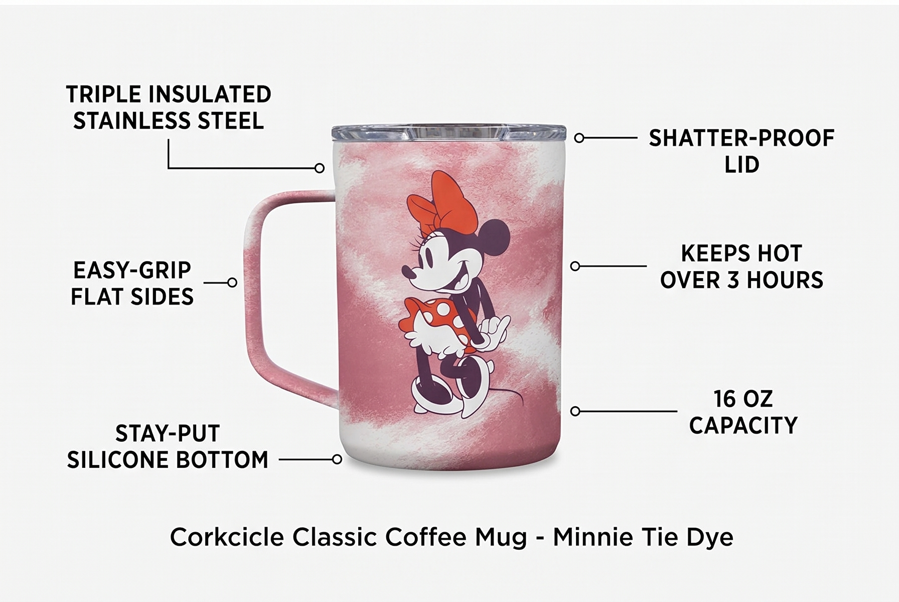 Corkcicle Classic Coffee Mug - Triple Insulated Stainless Steel for Travel - Shatter-Proof Lid - Keeps Drink Hot Over 3 Hours - Holiday Mug Gift - Great for Gifting Warmth - 16 oz - Minnie Tie Dye