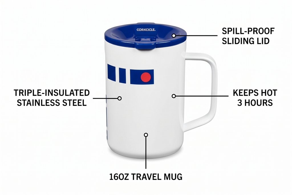 Corkcicle Star Wars R2D2 Insulated Coffee Mug- Triple Insulated Stainless-Steel Mug with Sliding Shatter-Proof Lid Keeps Drinks Hot 3 Hours- 16oz Travel Mug for Hot Beverages, Office & Daily Use