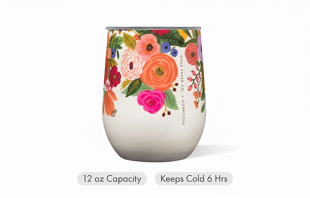 Corkcicle Stemless Insulated Wine Glass Tumbler - Keeps Beverages Cold 6 Hrs Hot 3 Hrs - Stainless Steel - Easy-Grip - Summer Drinkware Gift - Keeps Drinks Ice Cold - 12 oz - Garden Party